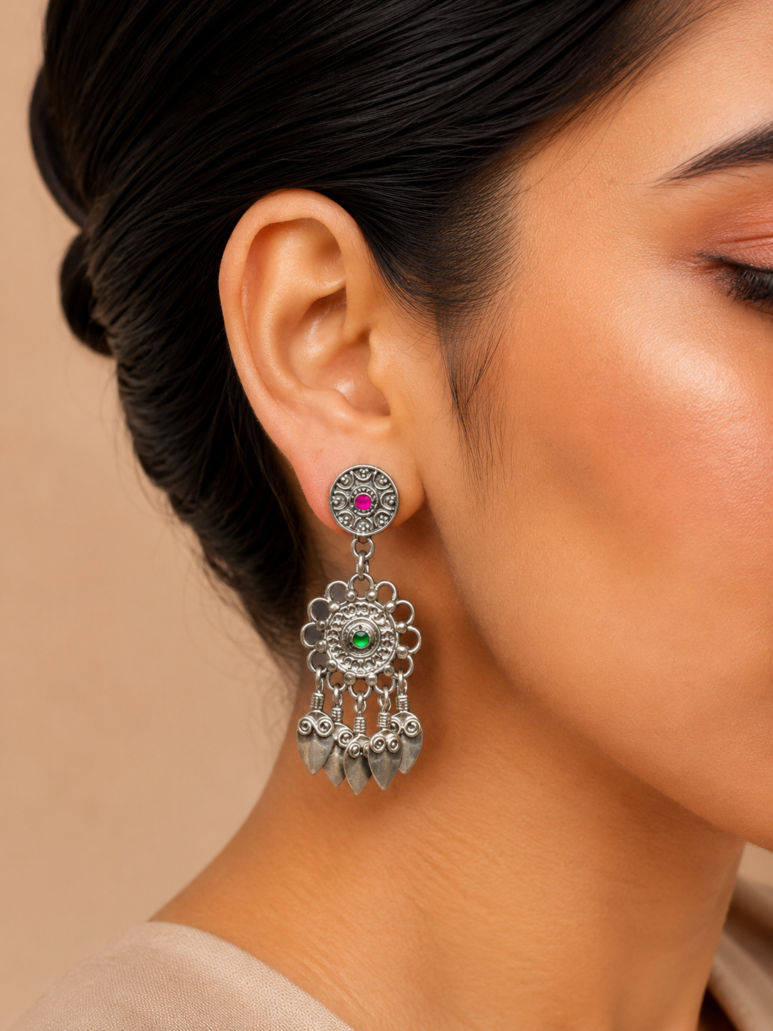 Silver Green & Pink Long Drop Jhumka