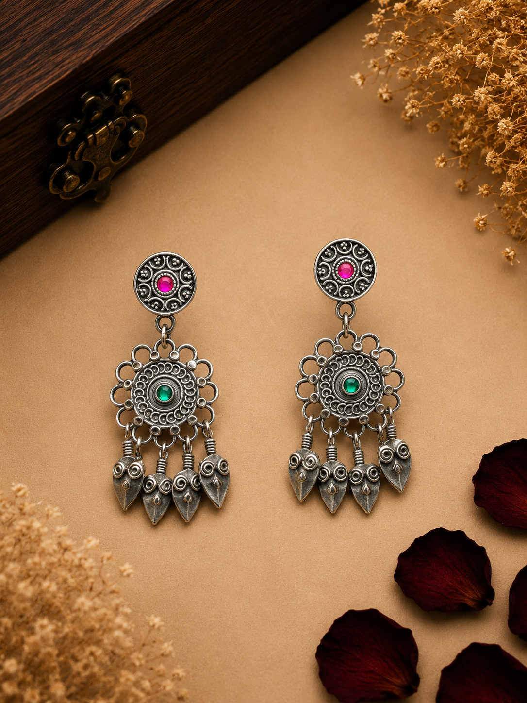 Silver Green & Pink Long Drop Jhumka
