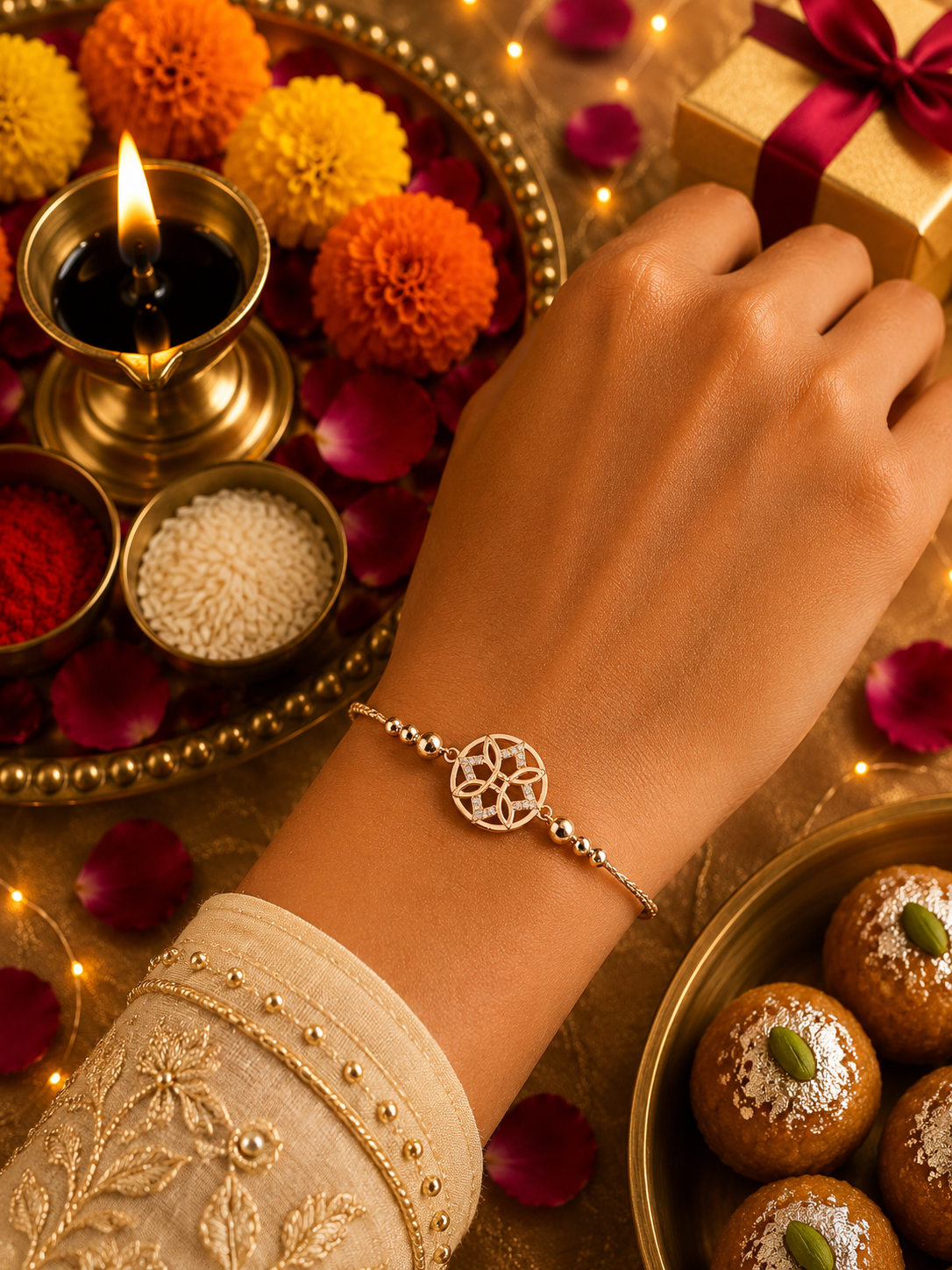 Silver Designer Rakhi with Rose Gold Geometric Charm