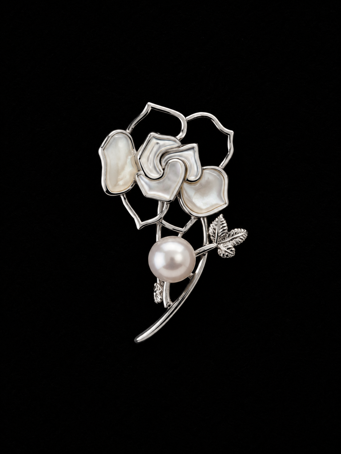 Silver Floral Brooch with Mother of Pearl & Pearl Accent