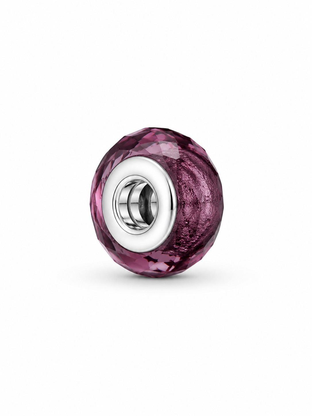 A faceted purple glass charm bead with a polished silver metal core, shown on a clean white background.