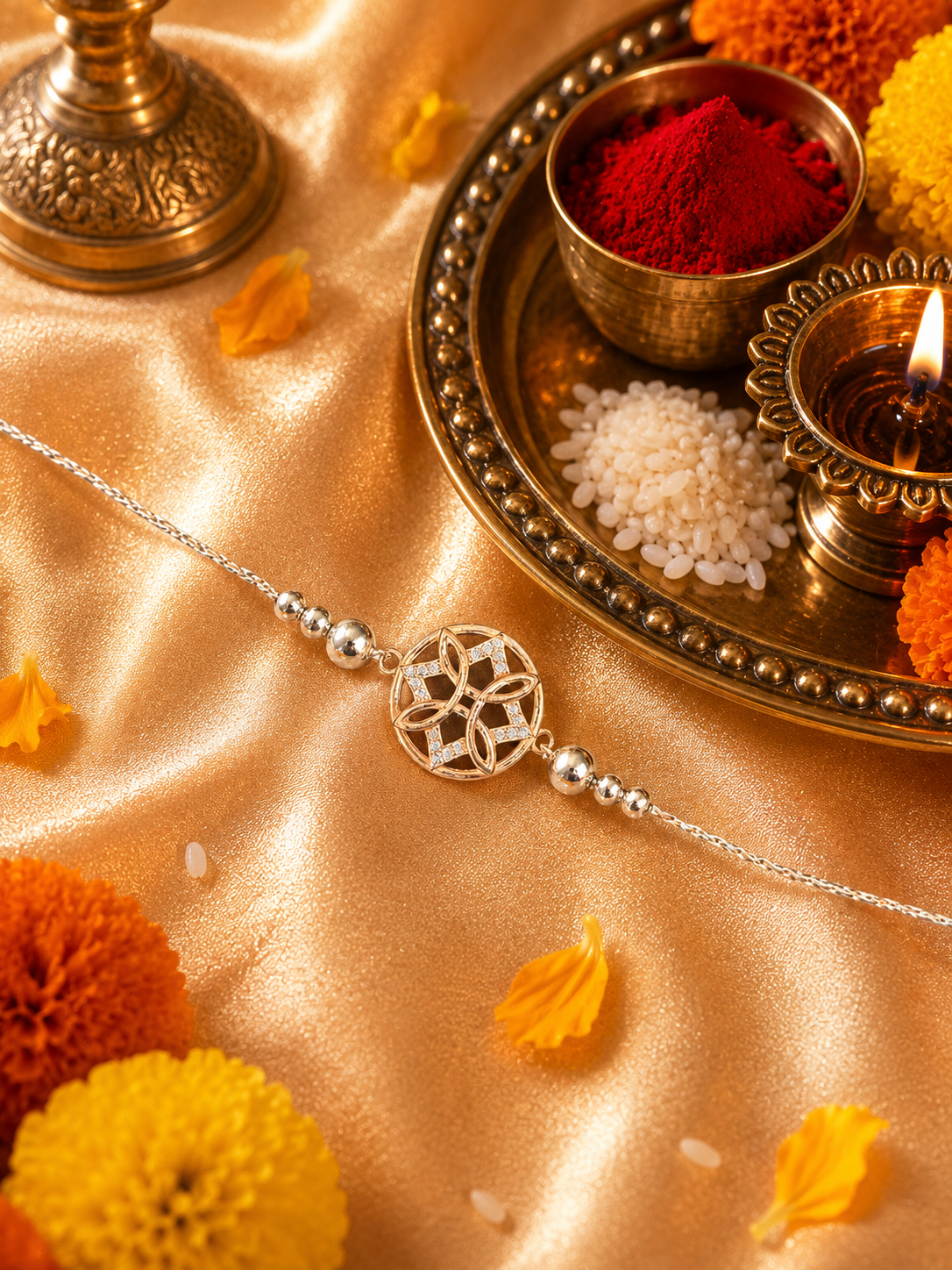 Silver Designer Rakhi with Rose Gold Geometric Charm