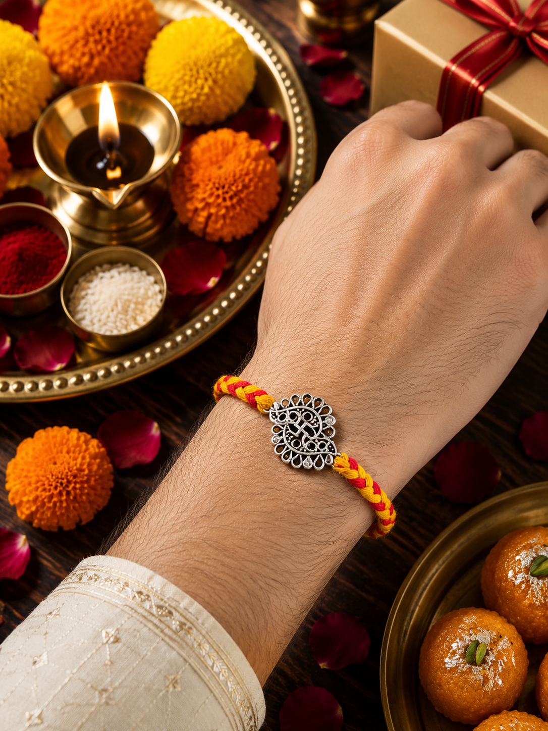 Paisley-Style Swastika Silver-Finish Rakh