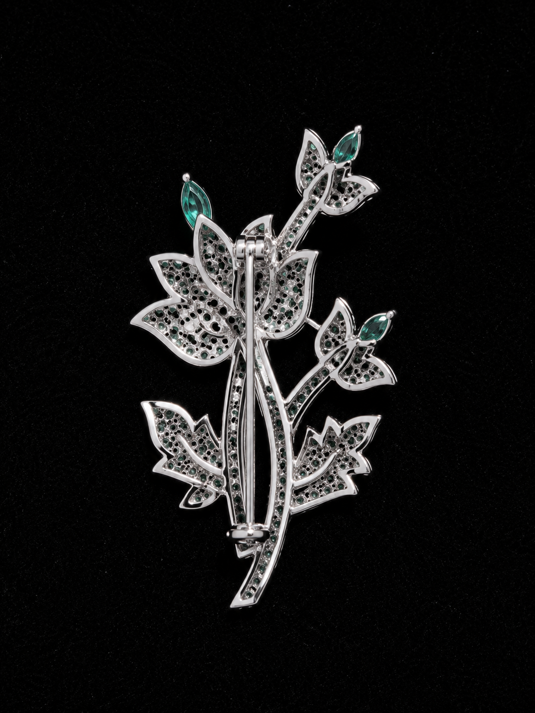 Silver Finish Floral Bloom Brooch with Green Marquise Crystal Accents