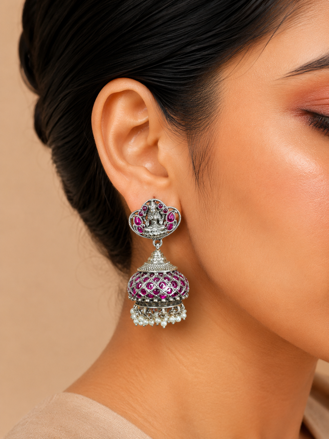 Silver Ruby Stone Traditional Jhumka