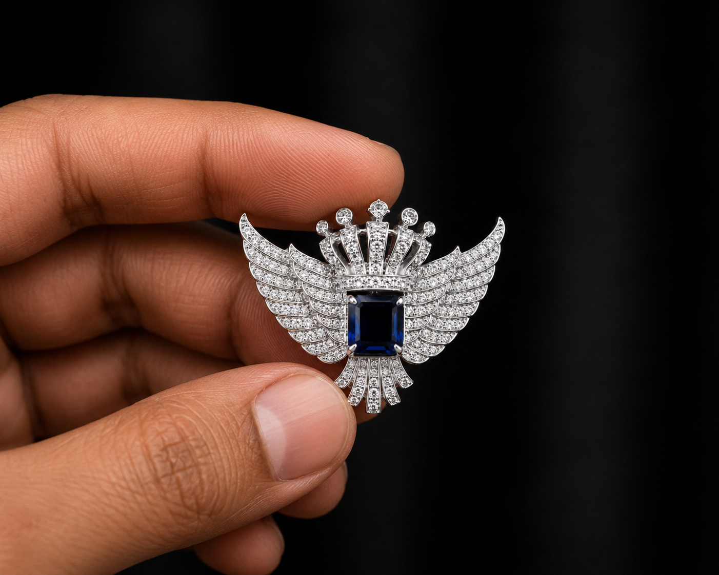 Royal Crown Wing Brooch with Sapphire Blue Crystal |