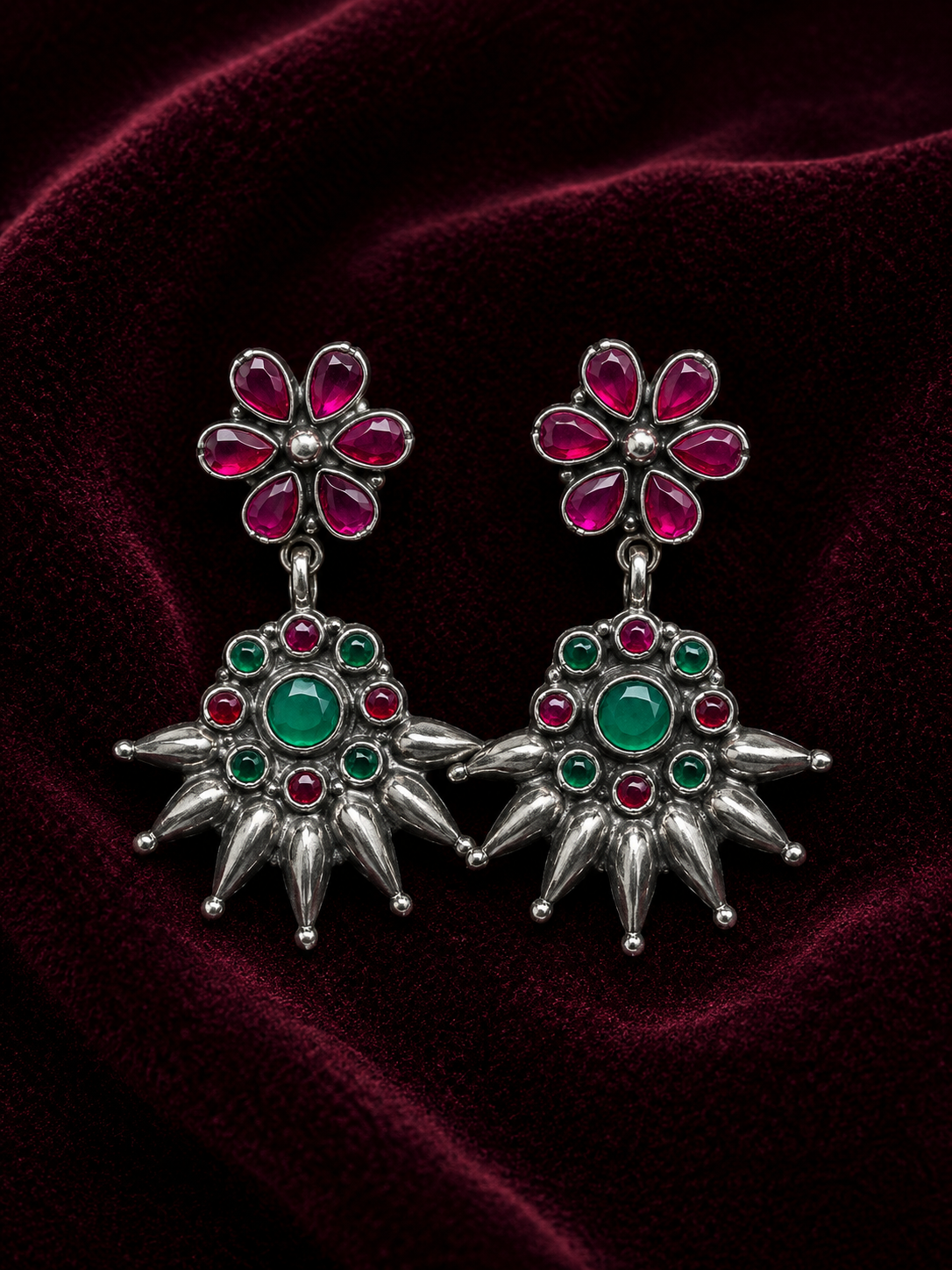Silver Green & Ruby Pink Floral Dangler Earrings