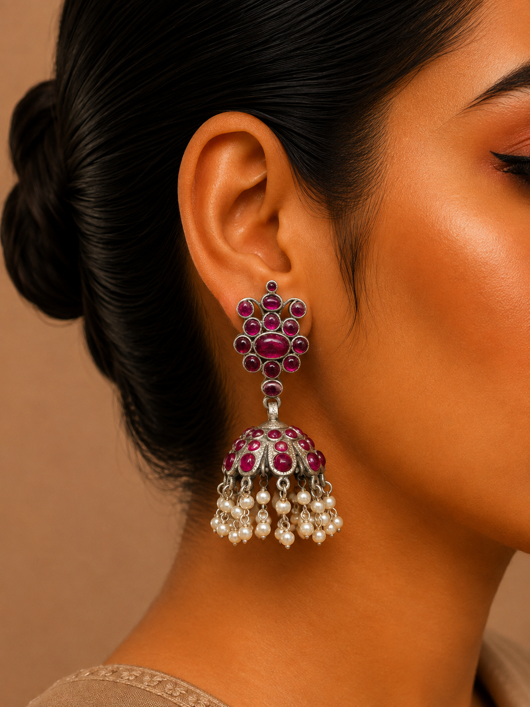 Ruby Pink Stone Jhumka Earrings