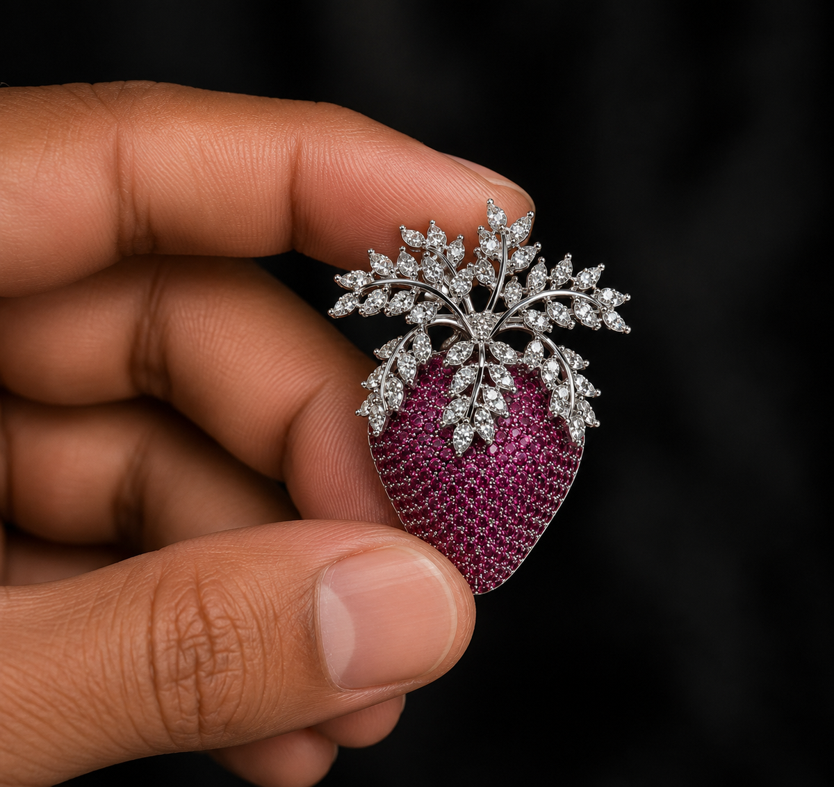 Luxury Crystal Strawberry Brooch with Silver-Tone Leaf Design