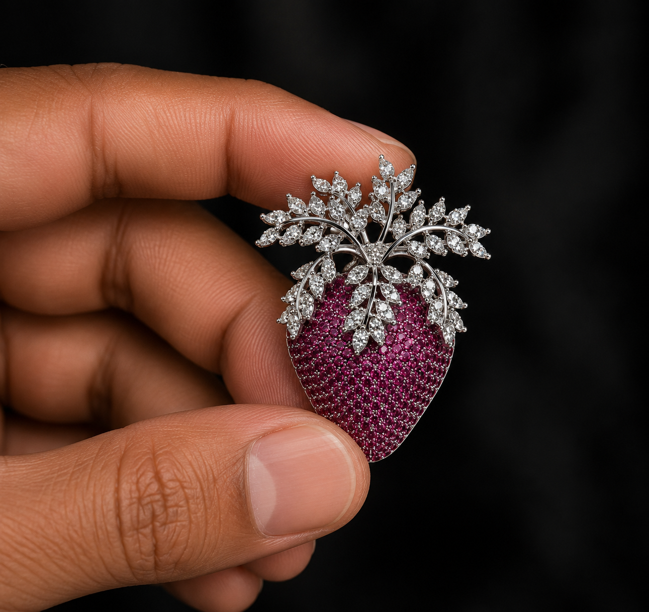 Luxury Crystal Strawberry Brooch with Silver-Tone Leaf Design