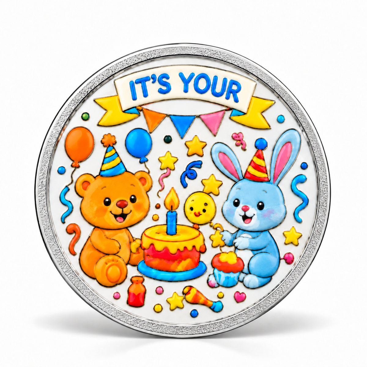 Colourful Birthday Silver Coin – Teddy Bear & Bunny Celebration Design