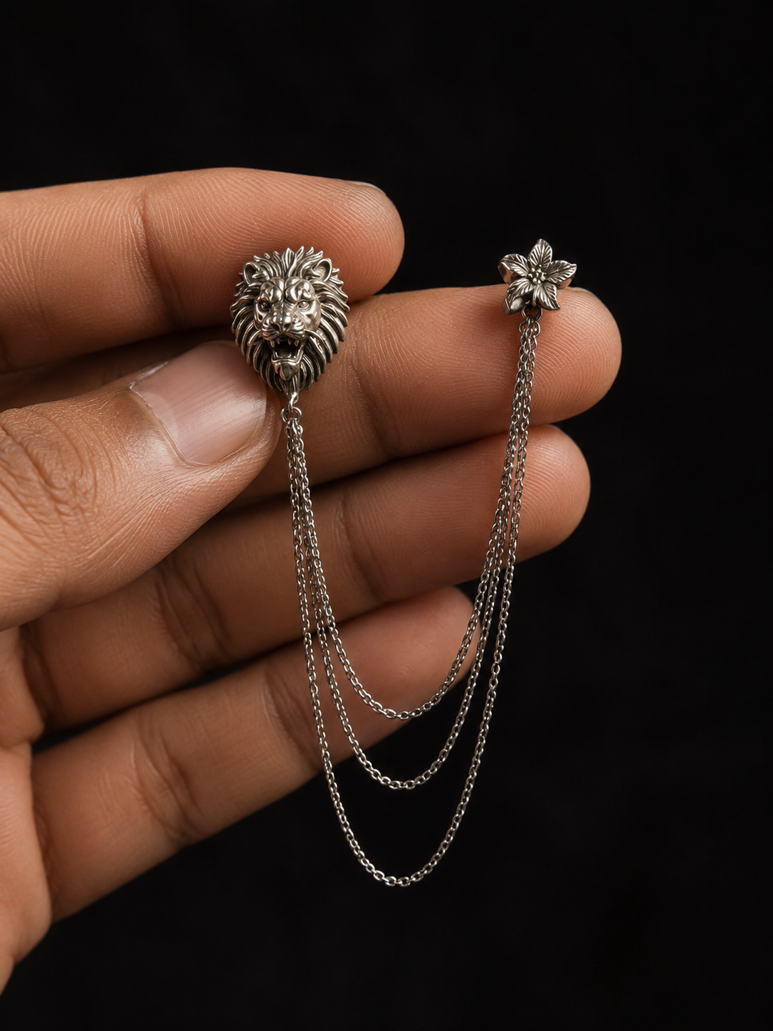 Luxury Lion Head Double Chain Lapel Brooch