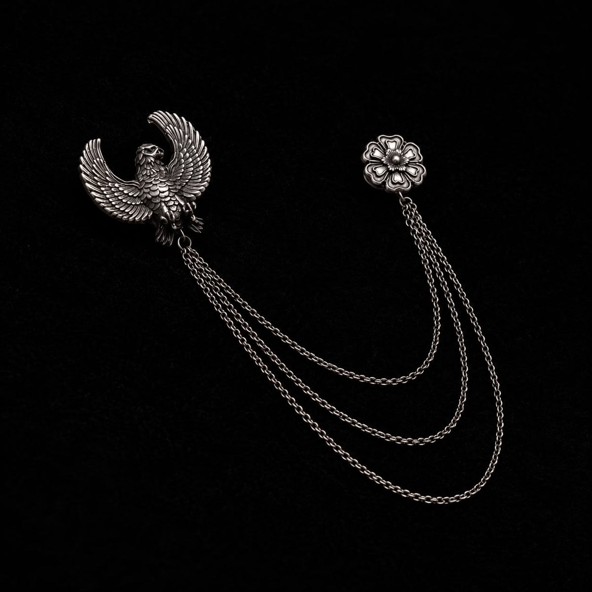 Royal Eagle & Floral Triple Chain Silver Finish Brooch Lapel