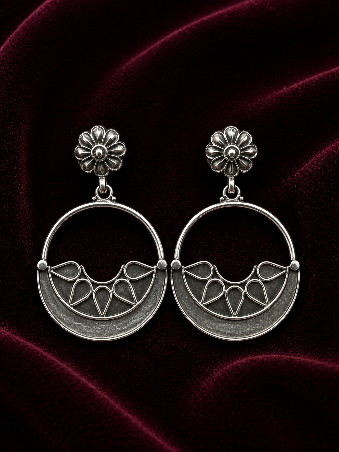 Silver Floral Crescent Hoop Earrings