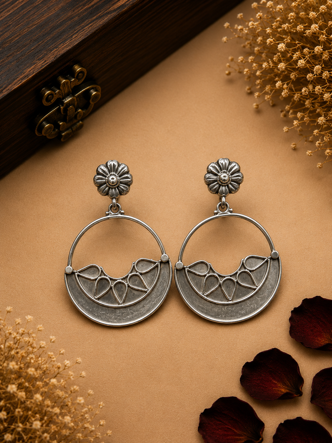 Silver Floral Crescent Hoop Earrings