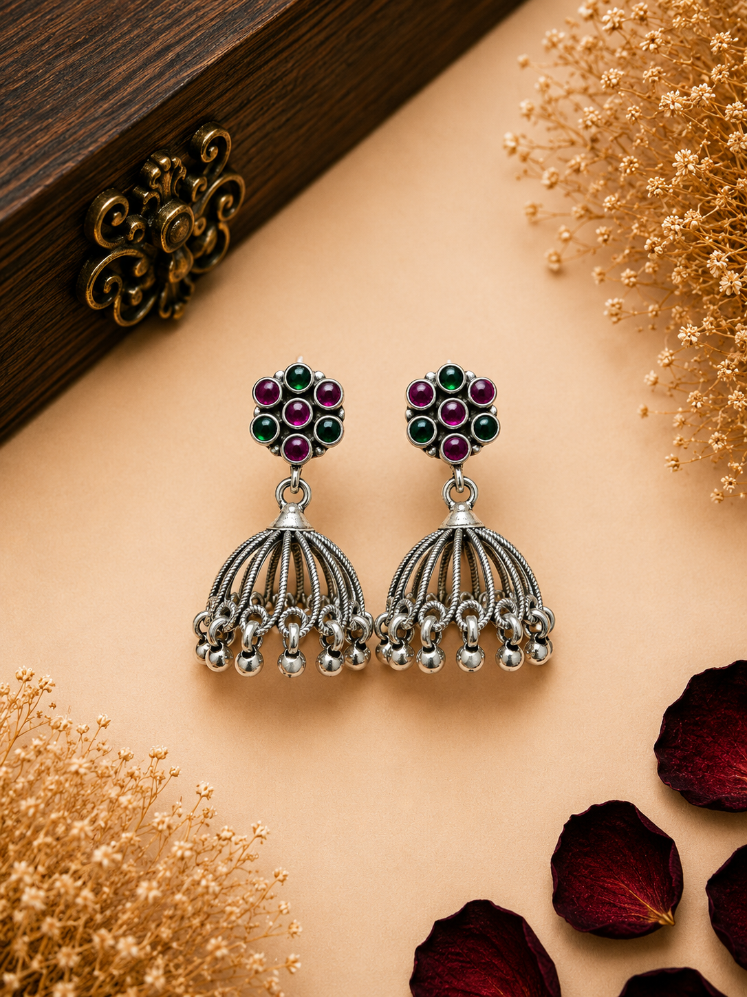 Silver Green & Ruby Open Dome Jhumka