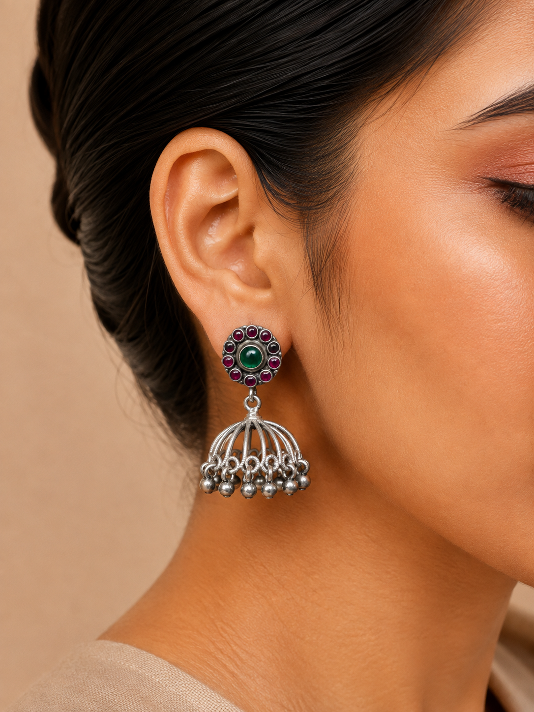 Silver Green & Ruby Dome Jhumka