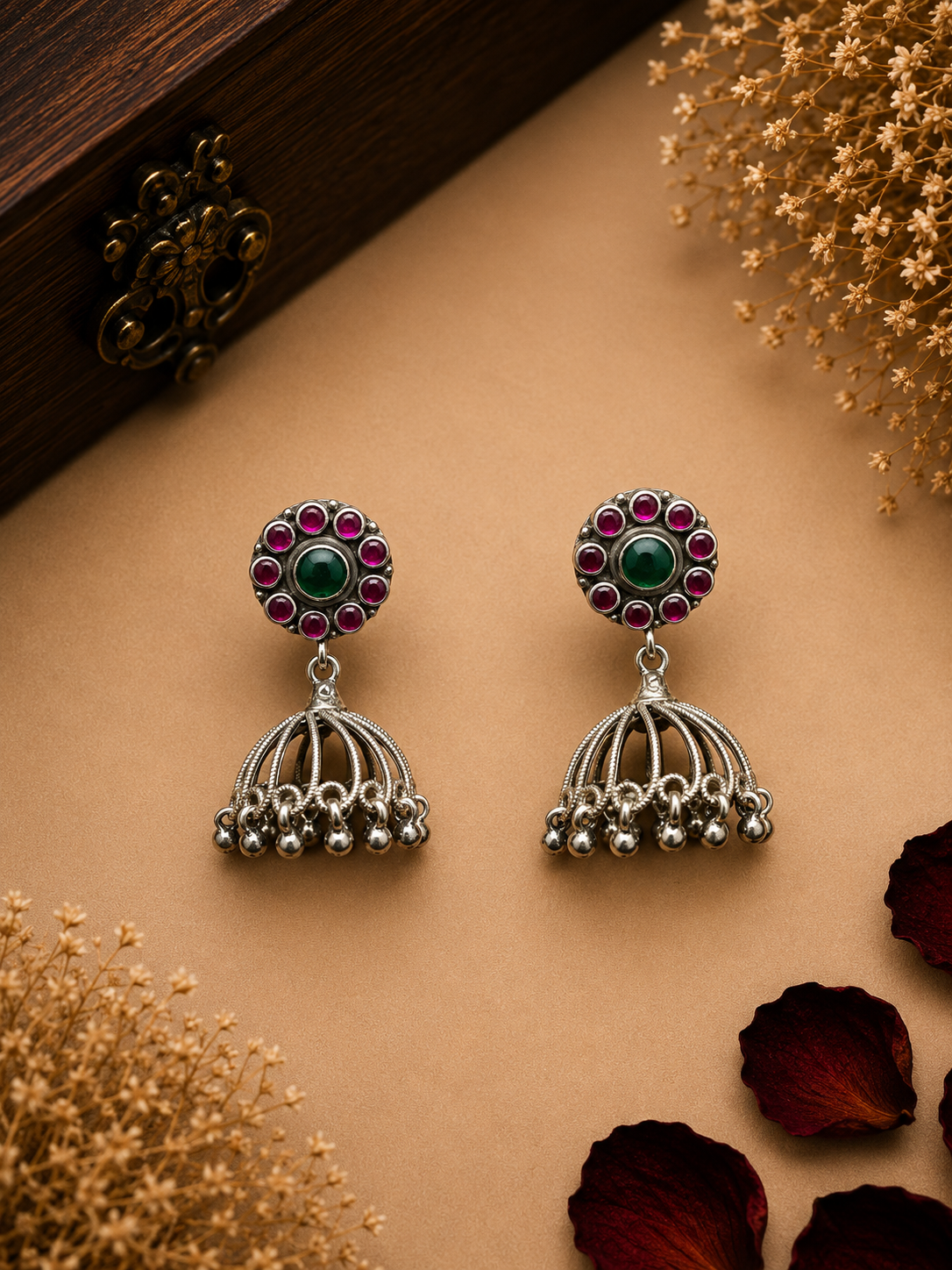 Silver Green & Ruby Dome Jhumka