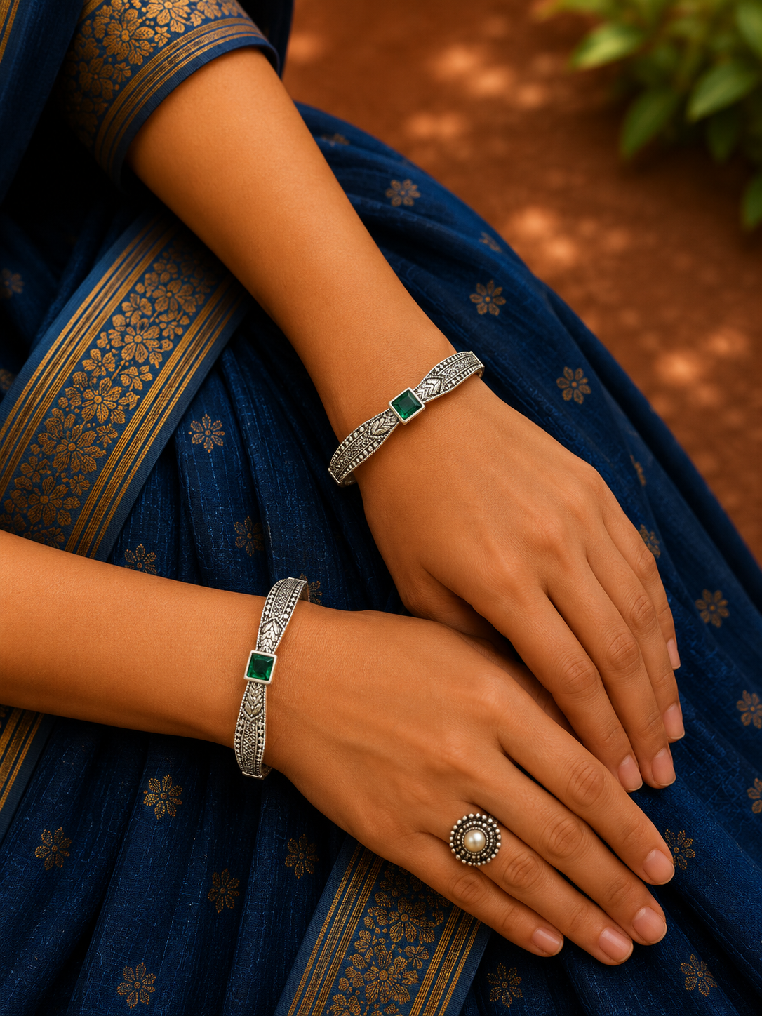 Silver Green Stone Designer Bangles