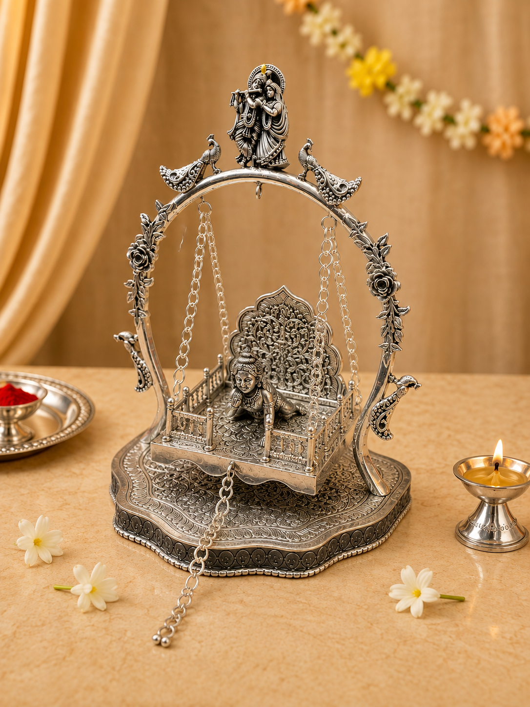 An ornate silver-toned swing decoration with a seated deity figure, decorative birds, floral details, and a chain hanging from the frame, displayed on a beige surface with small flowers and lit oil lamps around it.