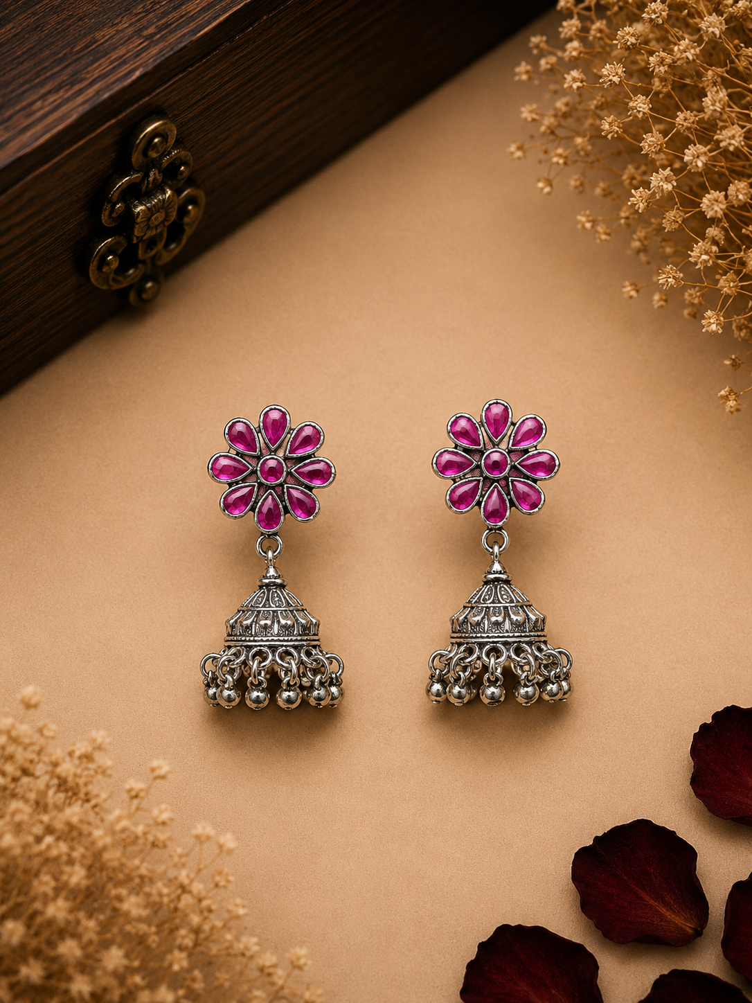 Silver Pink Stone Floral Jhumka