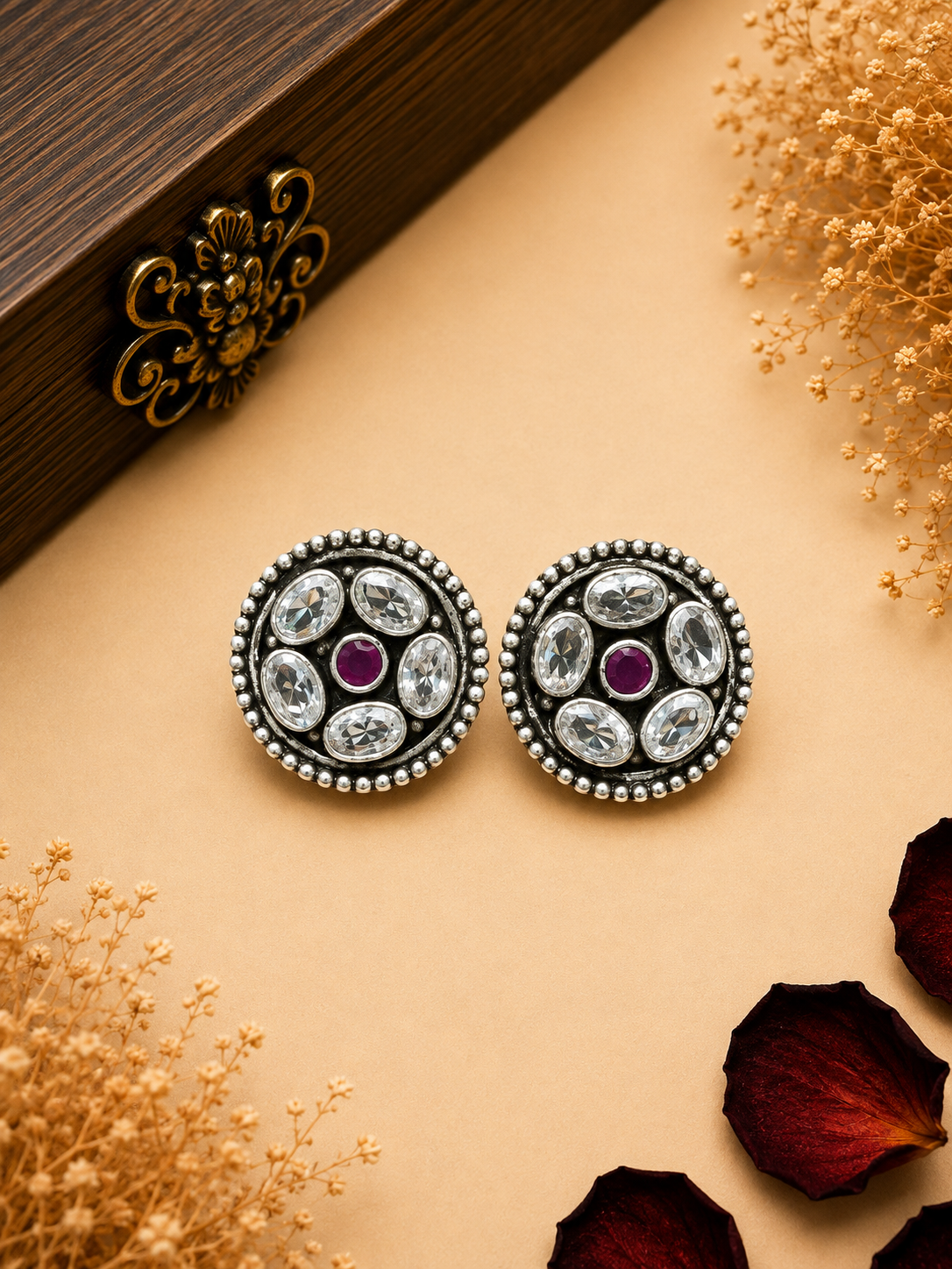 Silver Pink & White Stone Stud Earrings