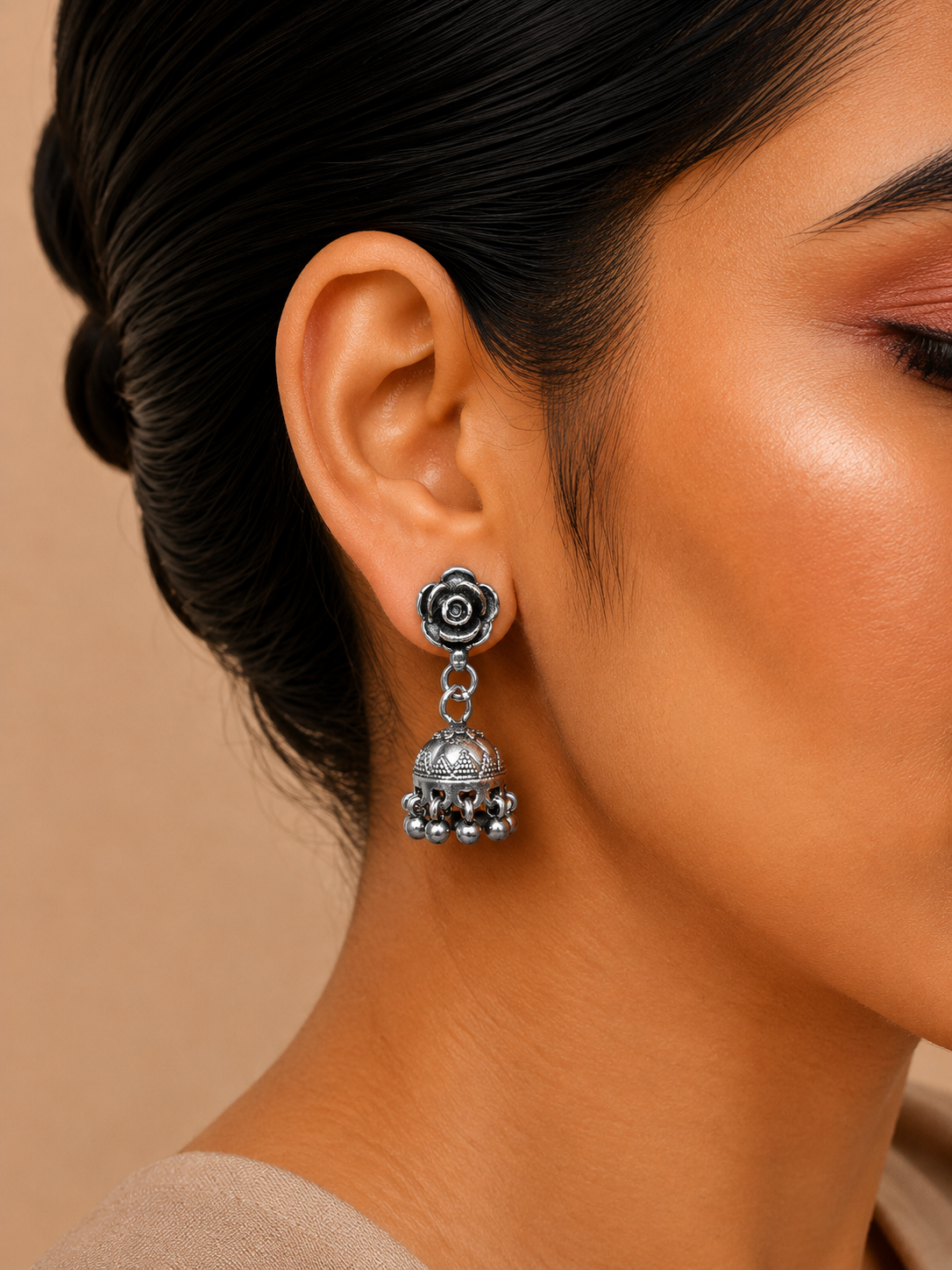 Silver Rose Jhumka Earrings
