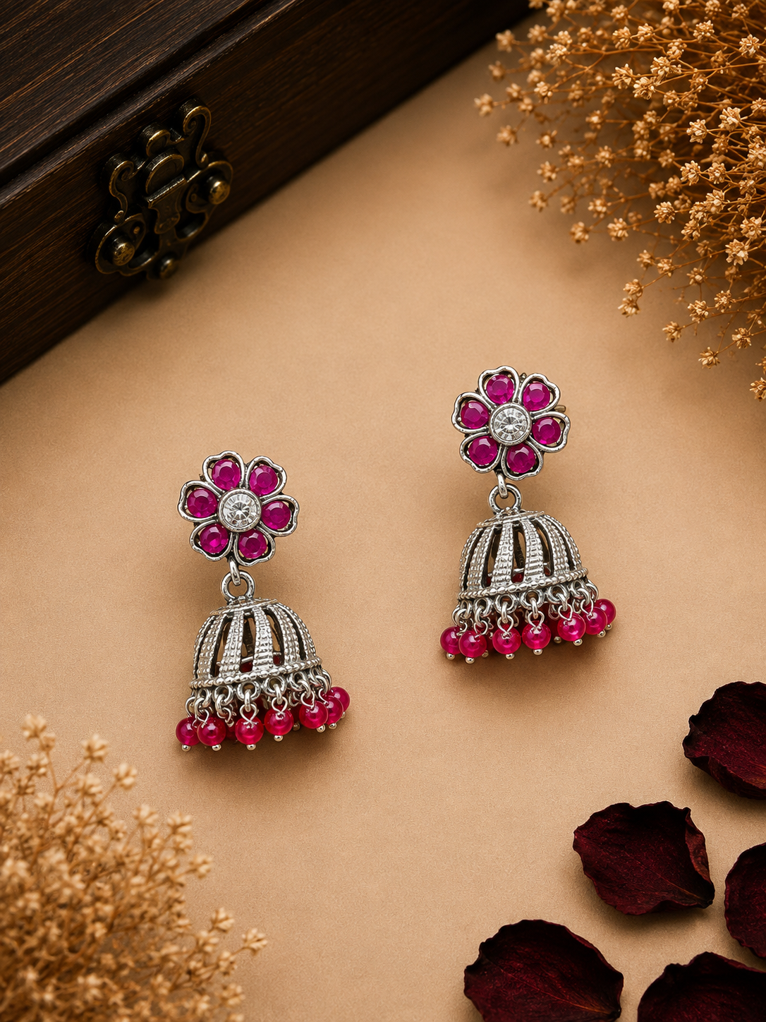 Silver Ruby Pink Stone Jhumka