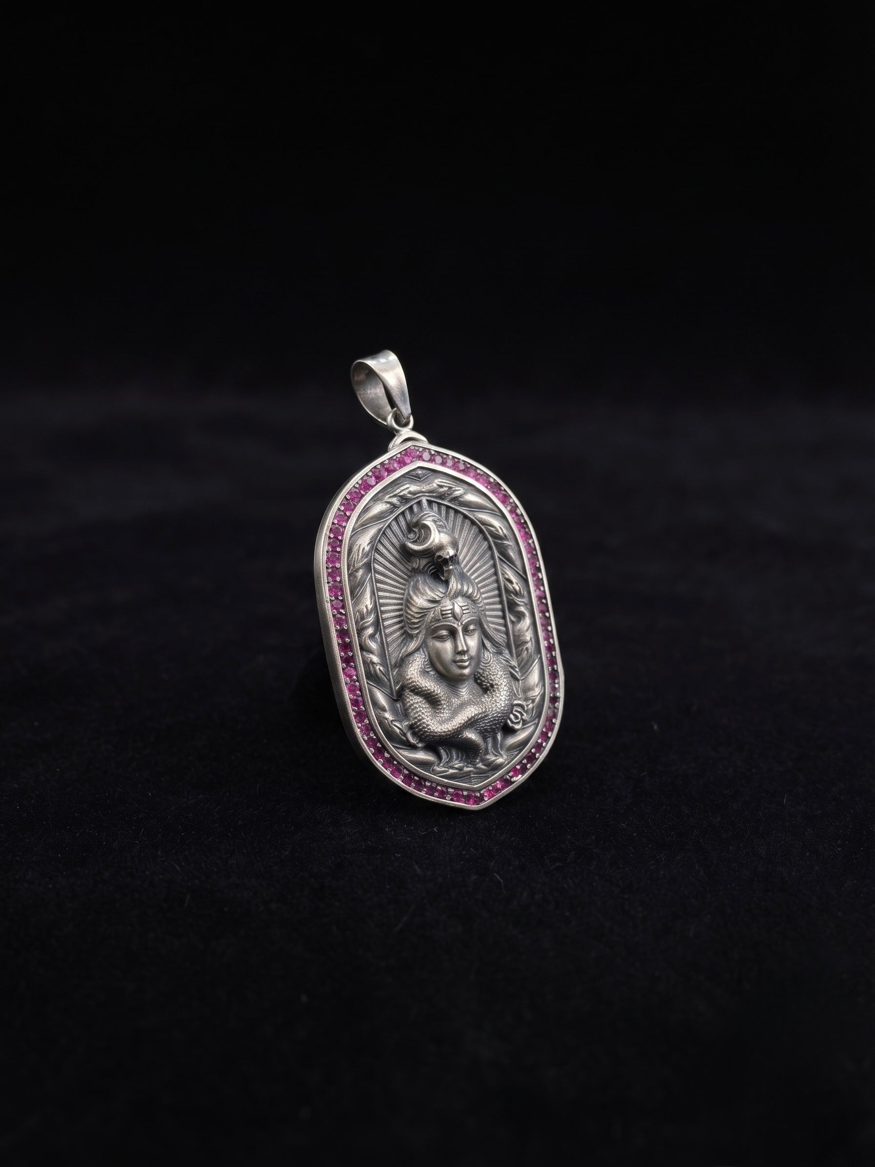 Mahadev Antique Silver Finish Brooch with Ruby Stone Border