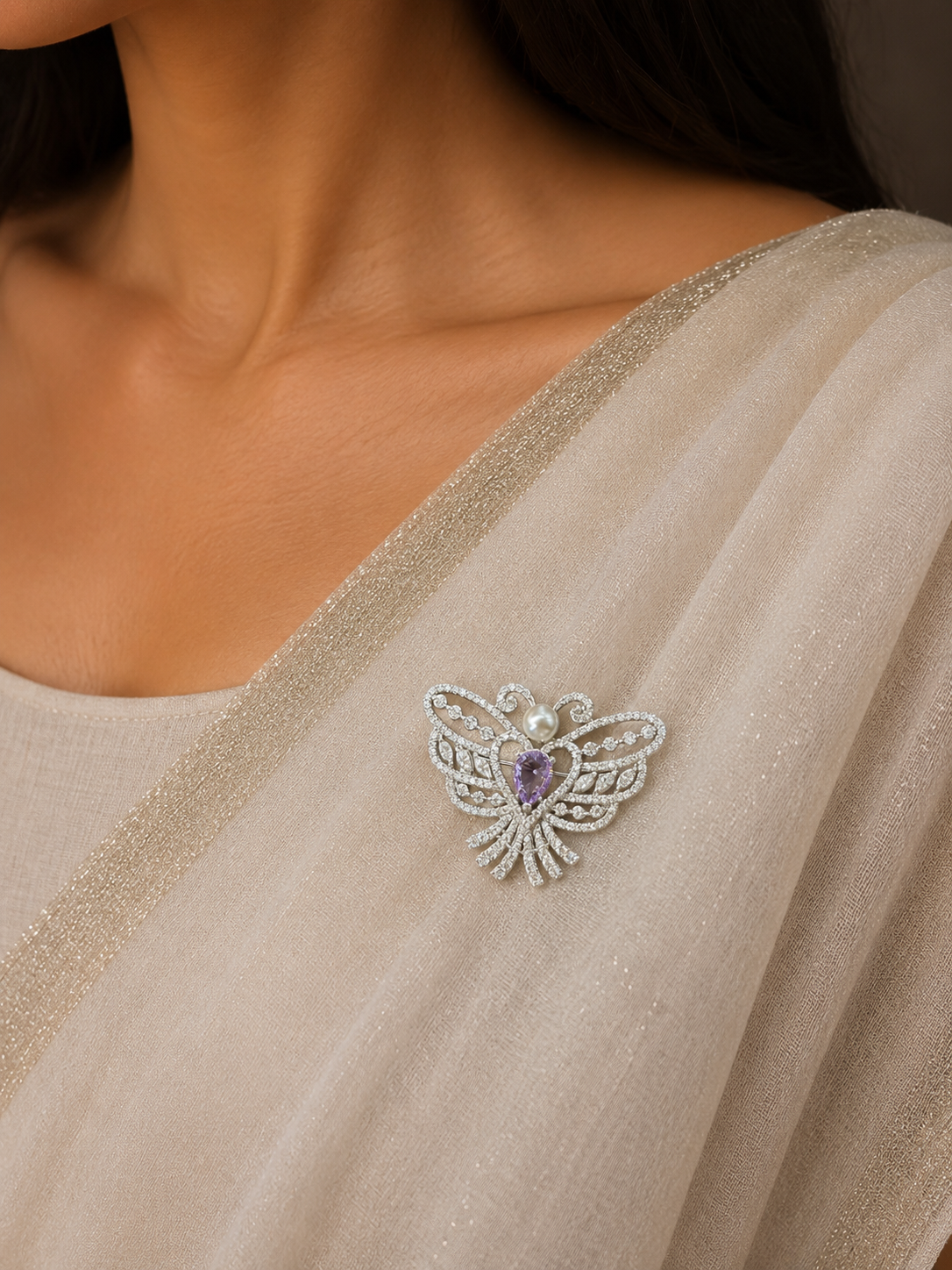 Silver Butterfly Brooch with Pearl & Lavender Crystal Accent