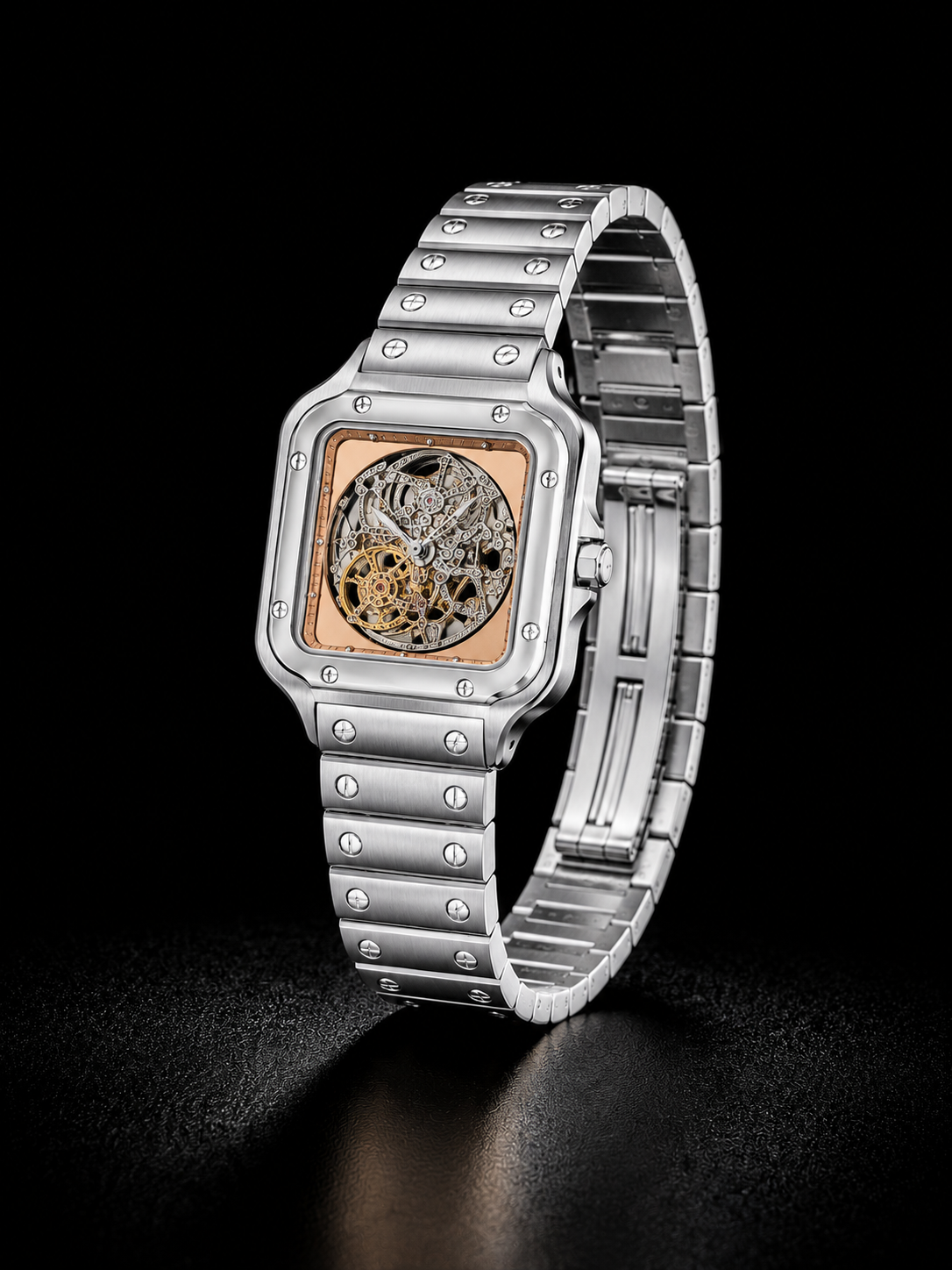 Luxury Silver Skeleton Wrist Watch with Rose Gold Dial