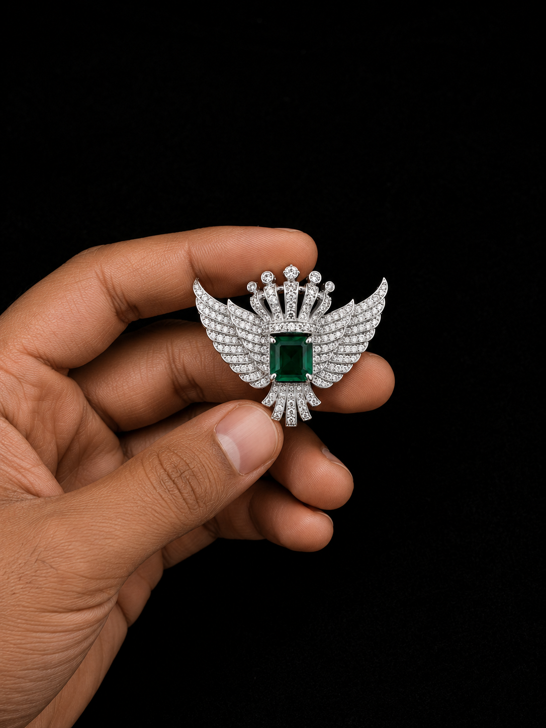 Royal Crown Wing Brooch with Emerald Green Crystal