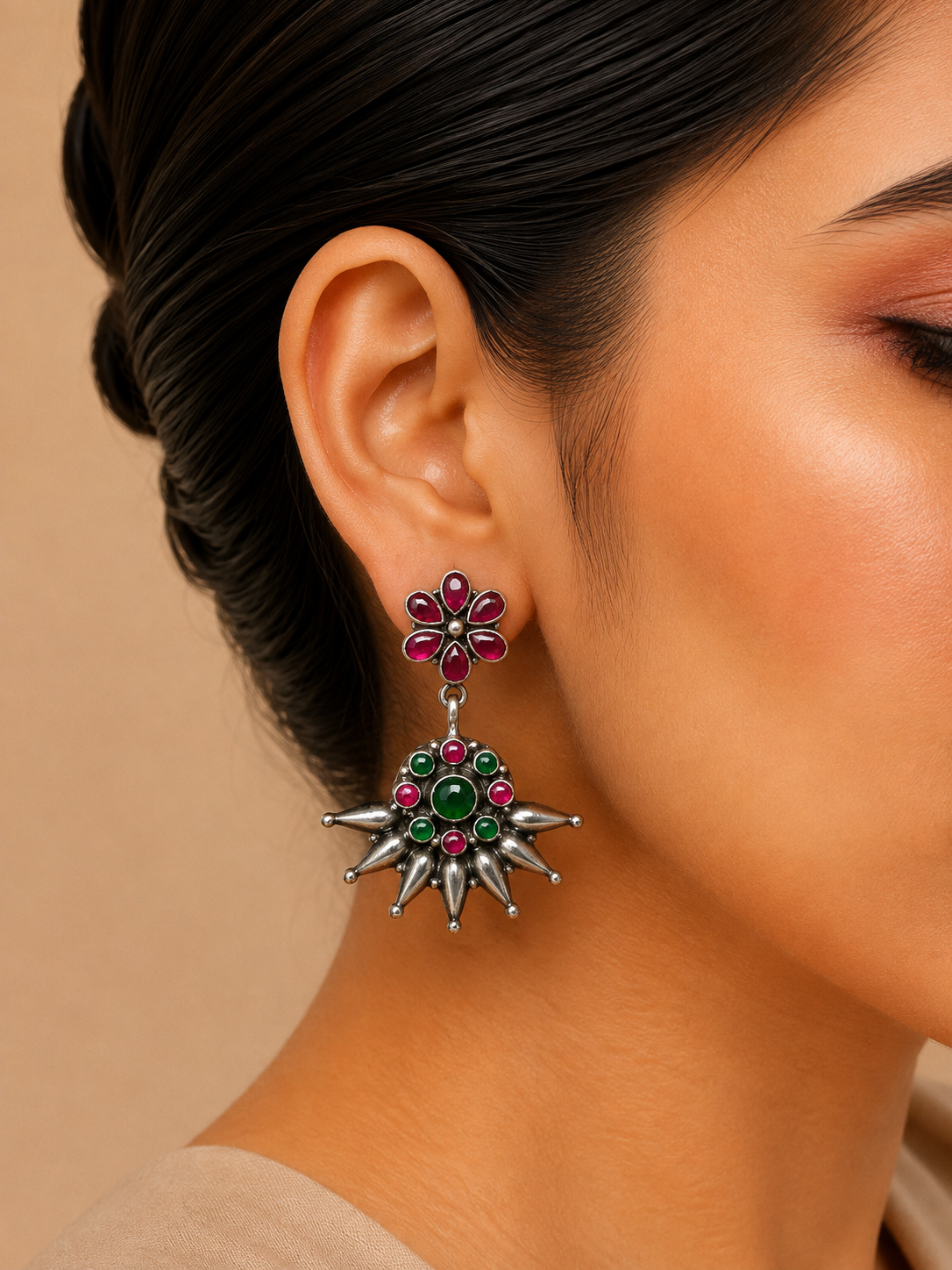 Silver Green & Ruby Pink Floral Dangler Earrings