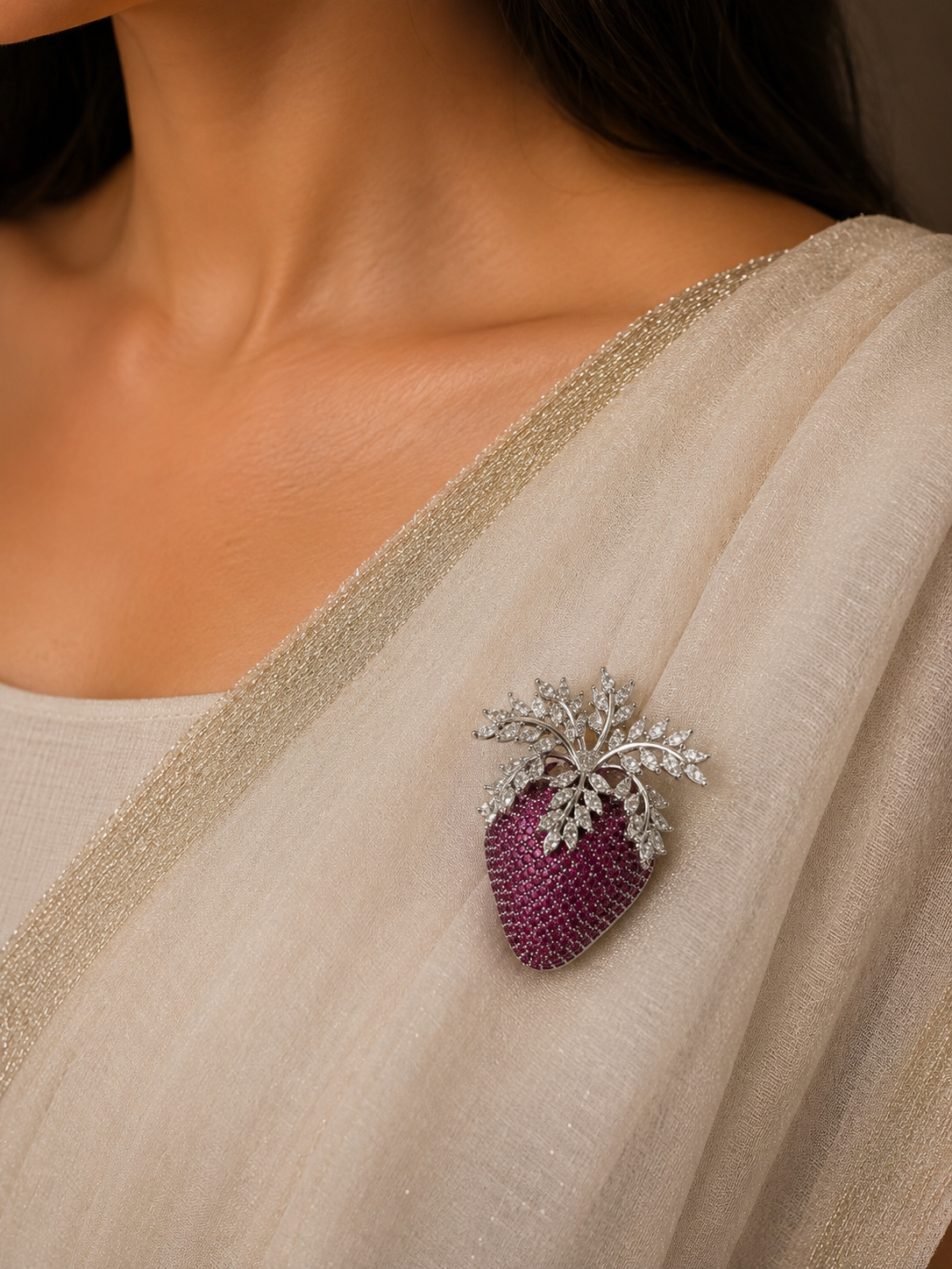 Luxury Crystal Strawberry Brooch with Silver-Tone Leaf Design