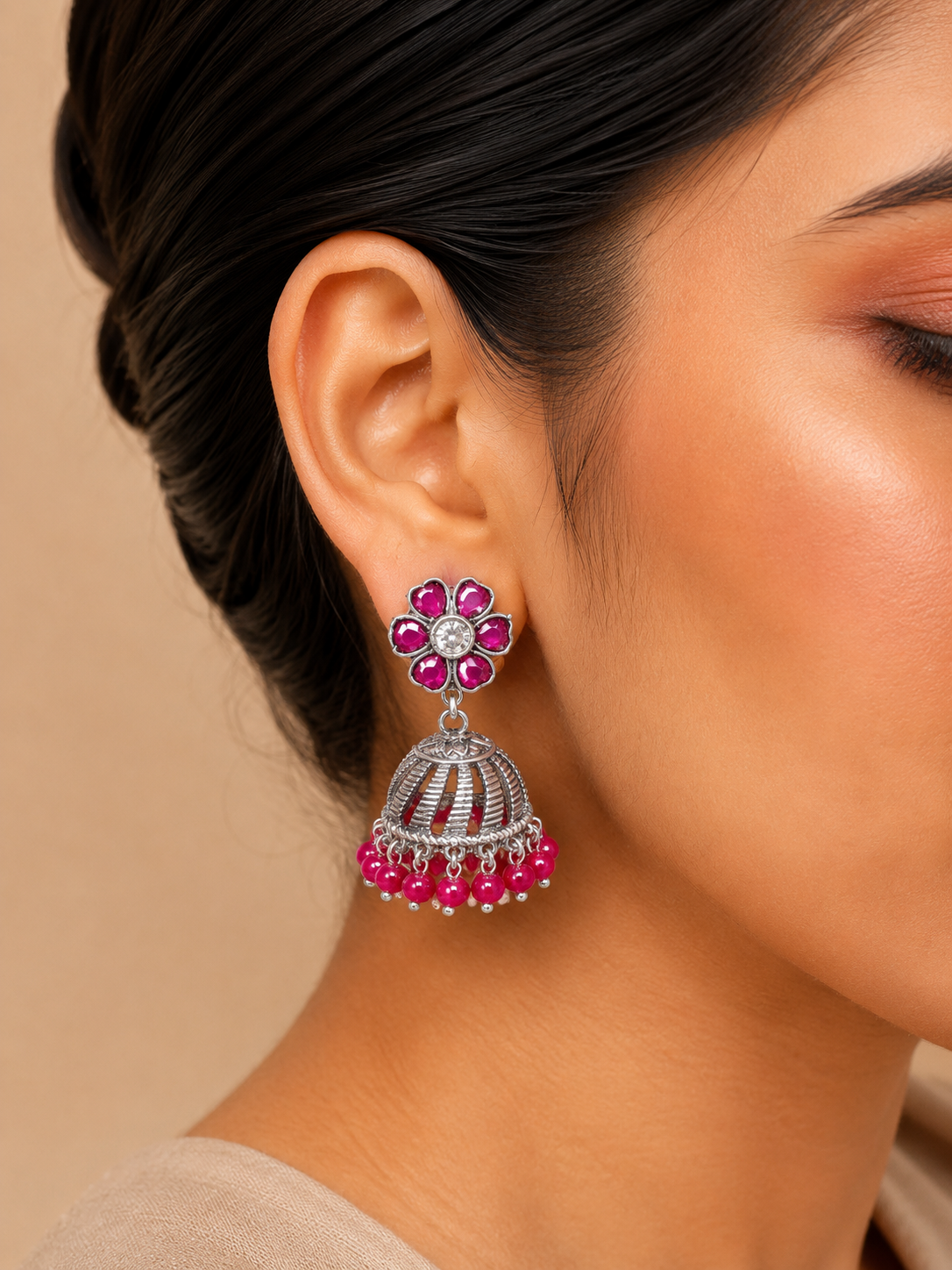 Silver Ruby Pink Stone Jhumka