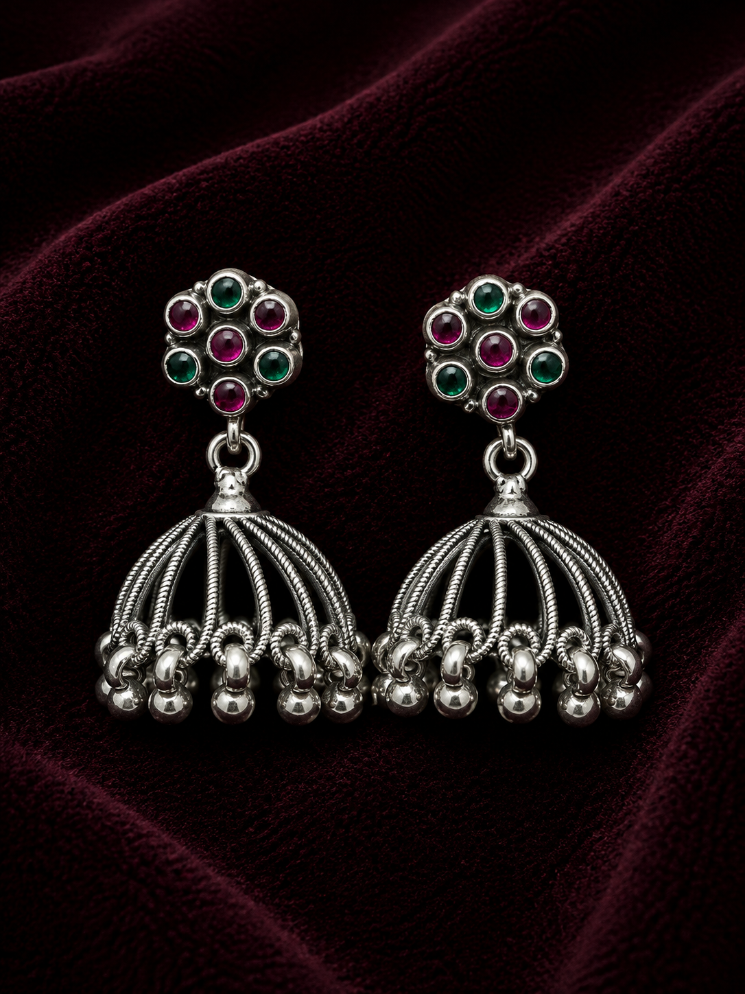 Silver Green & Ruby Open Dome Jhumka