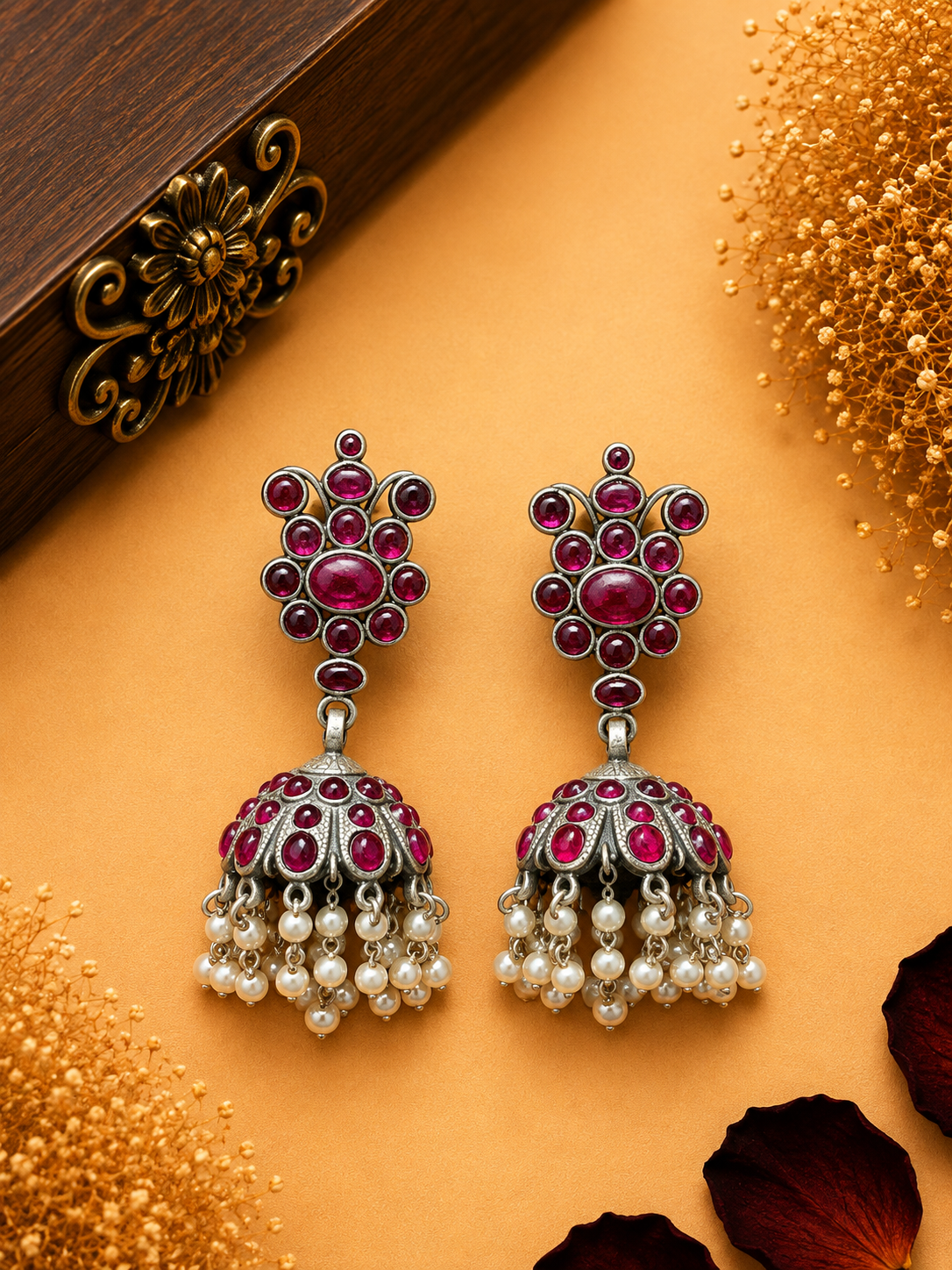 Ruby Pink Stone Jhumka Earrings