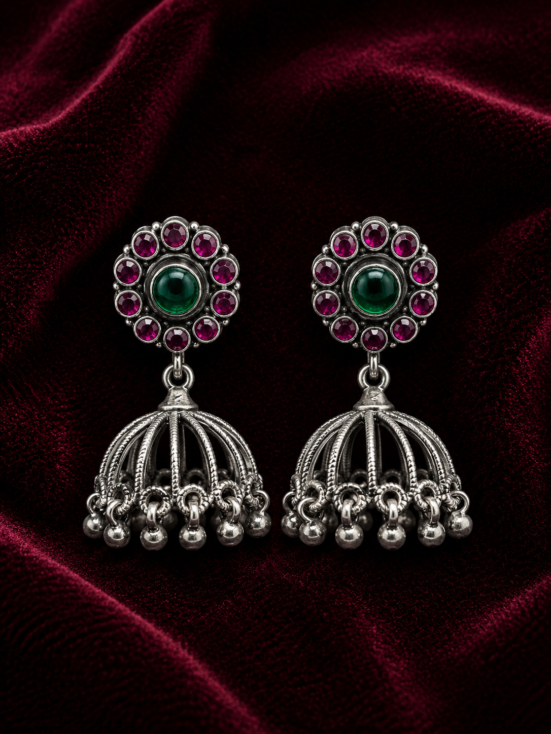 Silver Green & Ruby Dome Jhumka