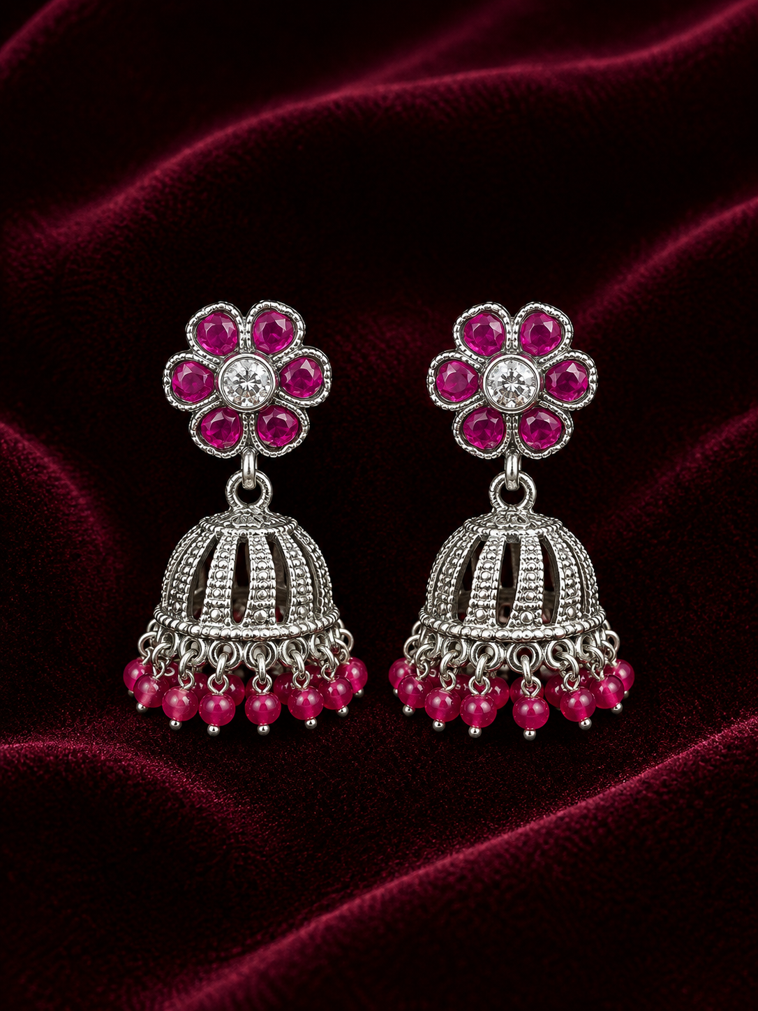 Silver Ruby Pink Stone Jhumka