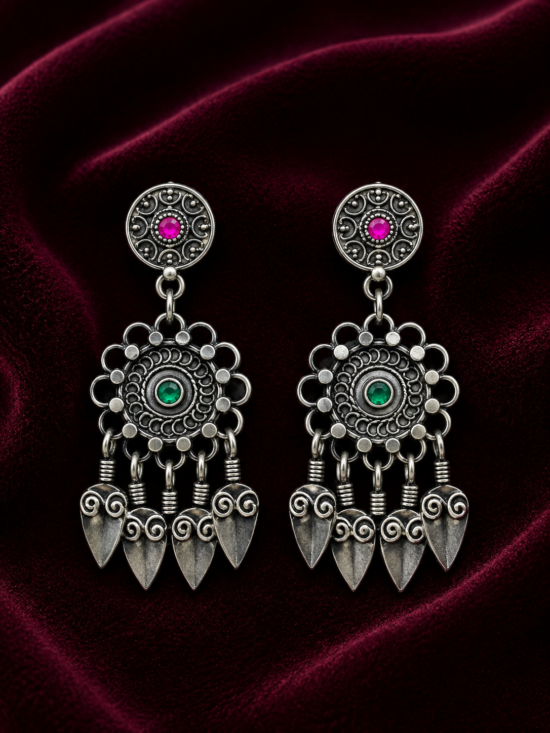Silver Green & Pink Long Drop Jhumka