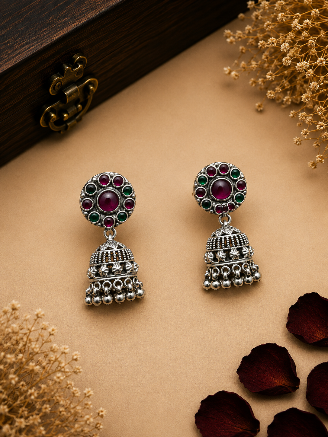 Silver Green & Ruby Traditional Jhumka