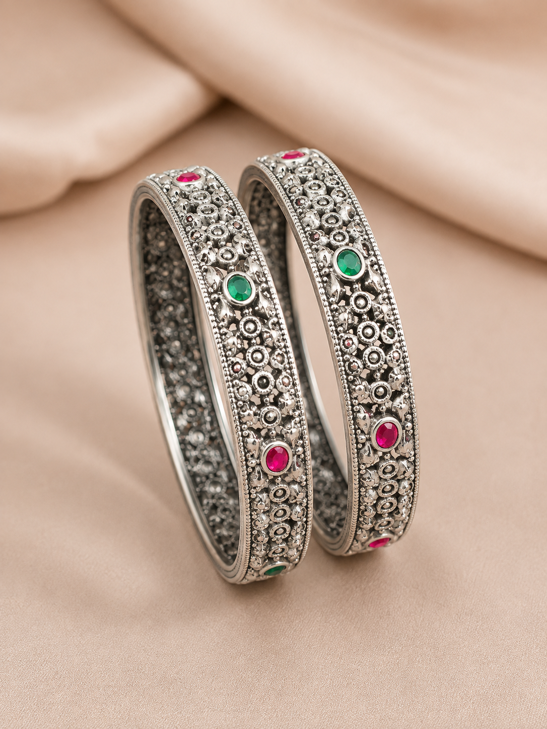 Silver Multicolor Stone Pattern Bangles