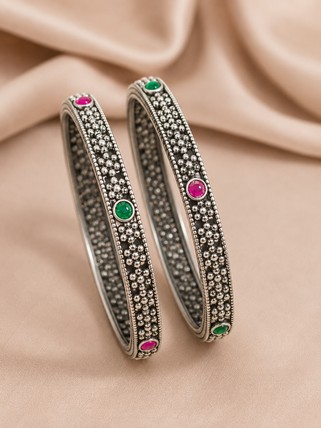 Silver Beaded Multicolor Stone Bangles