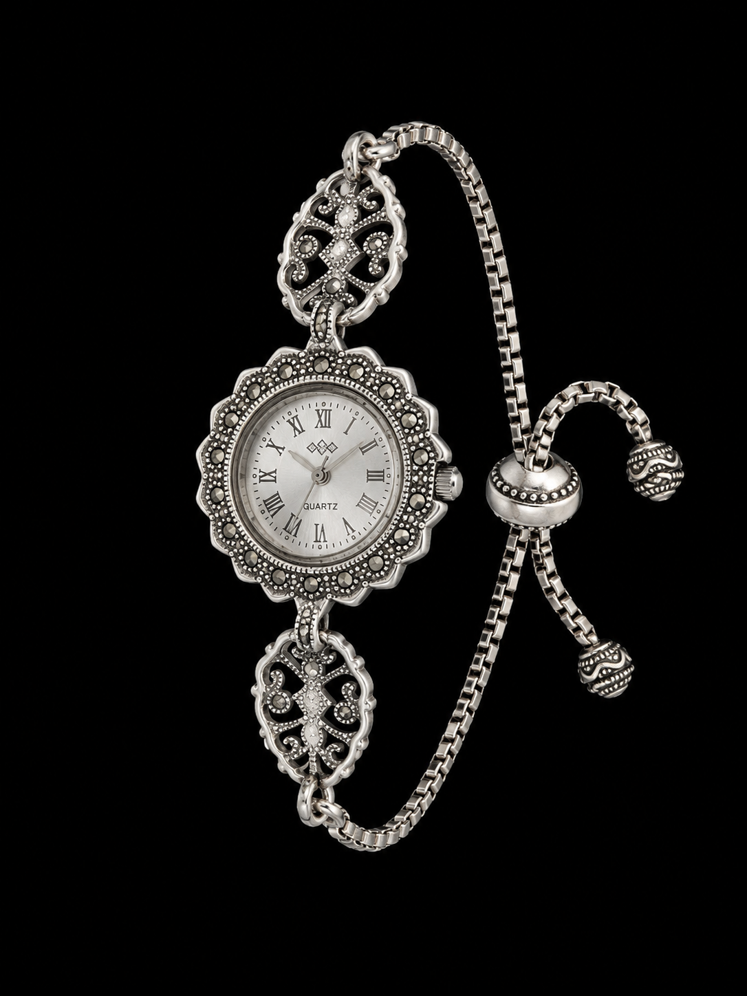 Vintage Silver Floral Bracelet Watch for Women