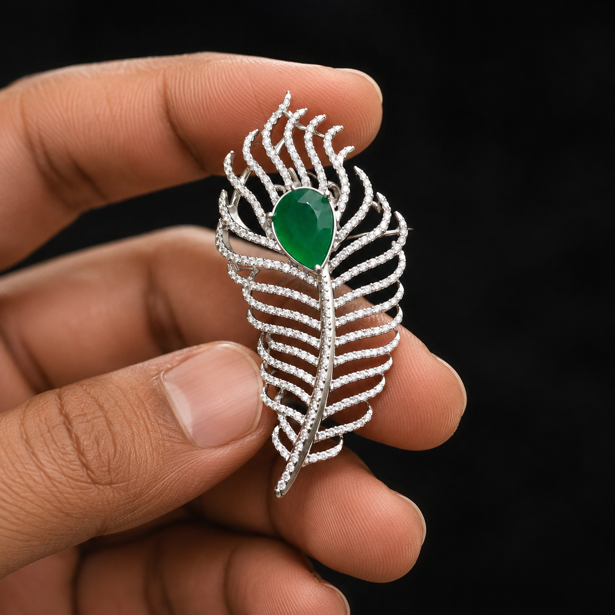 Elegant Leaf Designer Brooch Pin with Emerald Green Stone