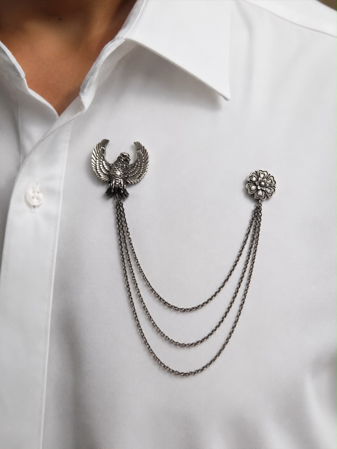 Royal Eagle & Floral Triple Chain Silver Finish Brooch Lapel