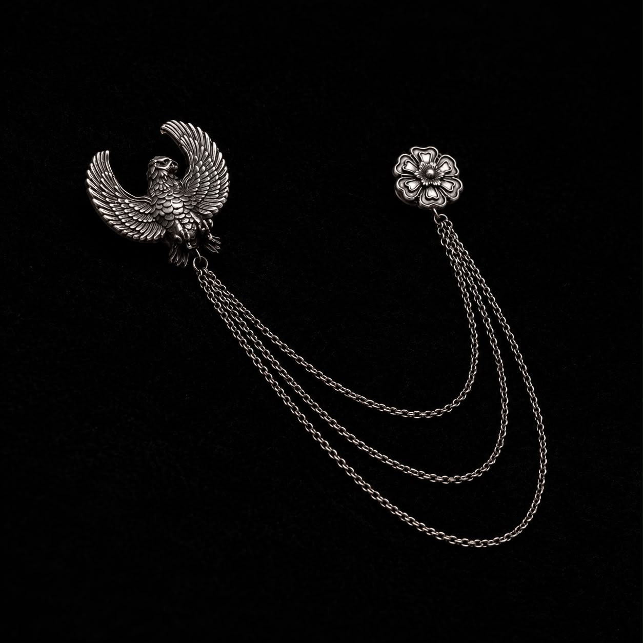 Royal Eagle & Floral Triple Chain Silver Finish Brooch Lapel