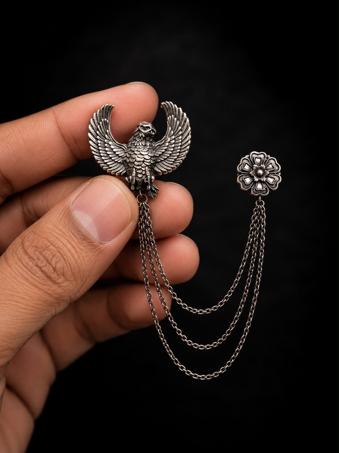 Royal Eagle & Floral Triple Chain Silver Finish Brooch Lapel