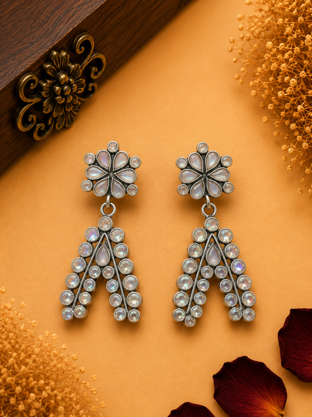 White Stone Floral Earrings