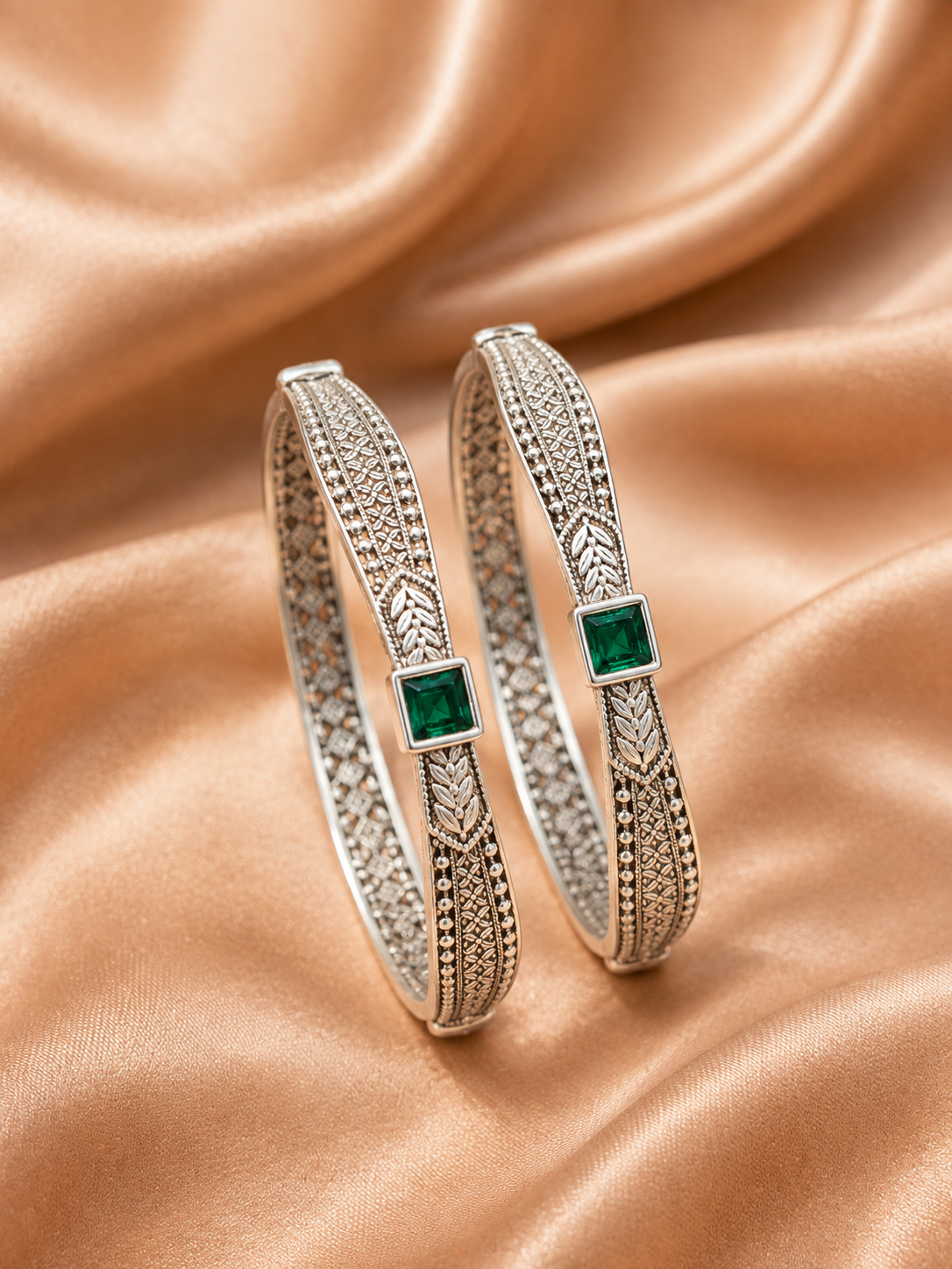 Silver Green Stone Designer Bangles